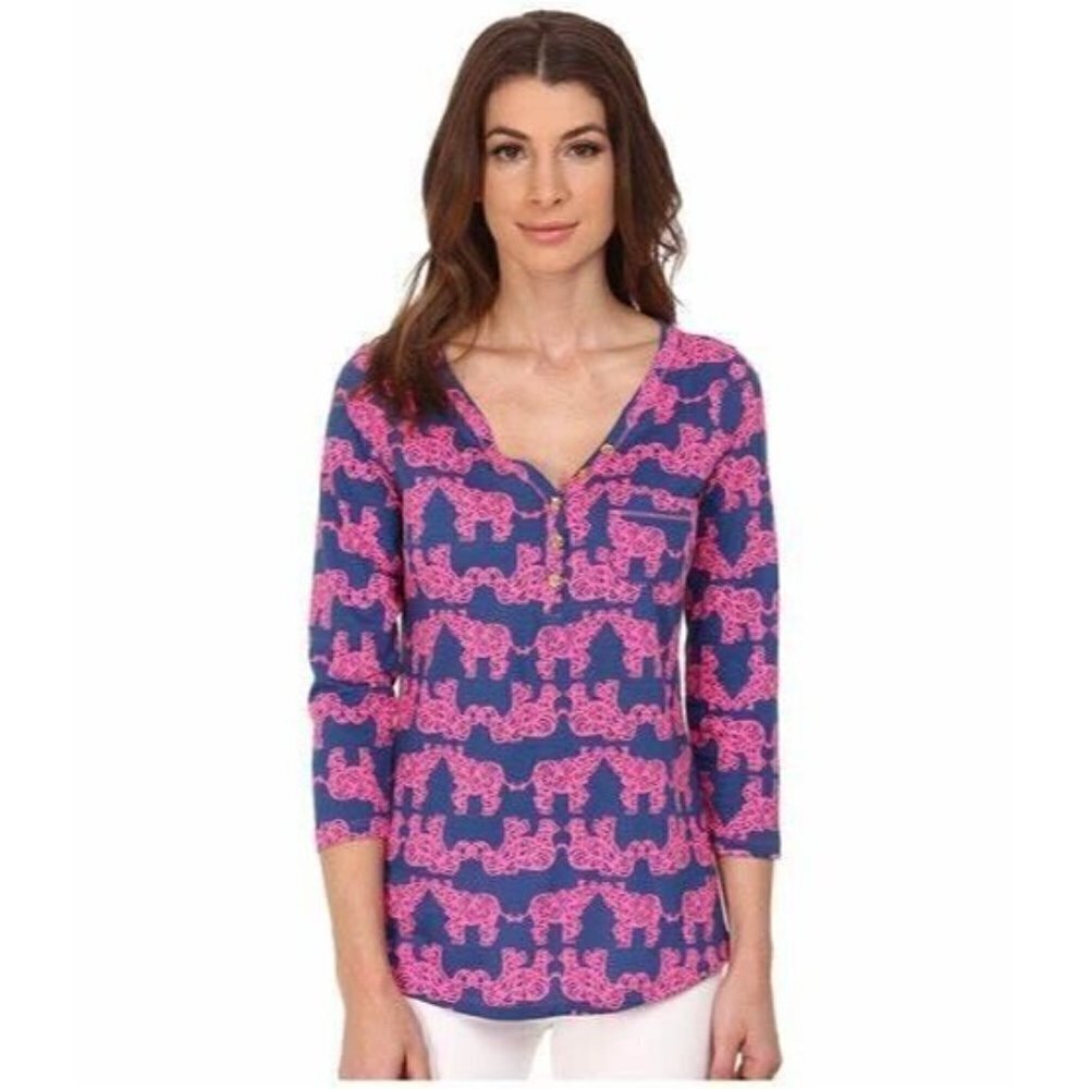 Lily Pulitzer Palmetto V Neck Elephant Printed Shirt Top 2XS Pima Cotton